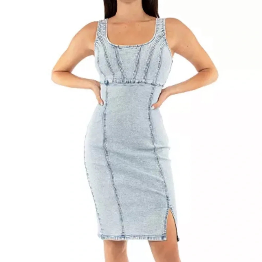 REWASH Women's Bustier Front-Slit Midi Denim Dress size S
